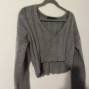 Gray V-Neck Cropped off the shoulder Sweater